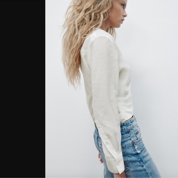 Zara EUC Ruched V-Neck White Blouse Top Size S Lightweight Collared Long Sleeve - Picture 5 of 12